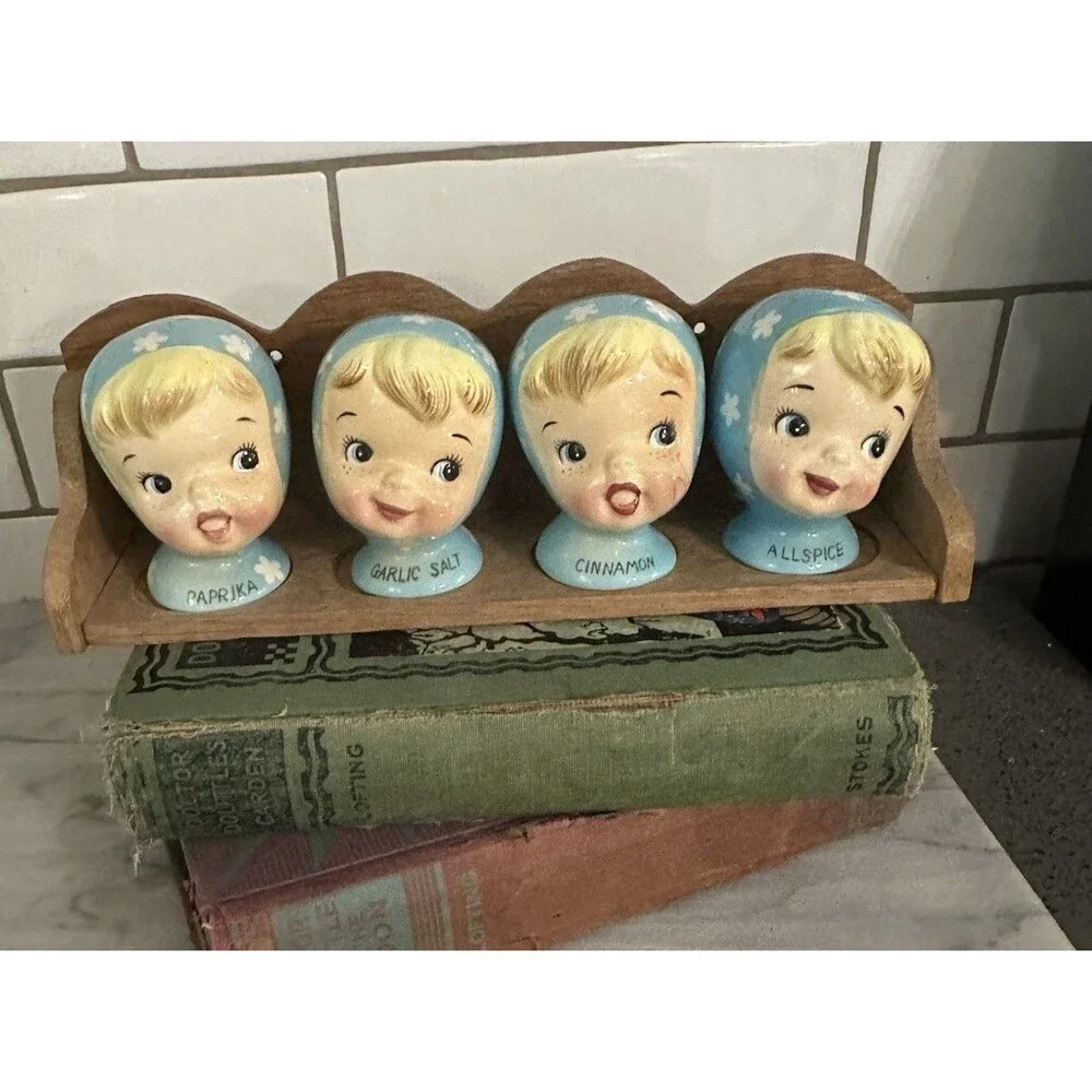 Vtg Napco Miss Cutie Pie Blue Spice Shaker Set Paprika Allspice Cinnamon Garlic